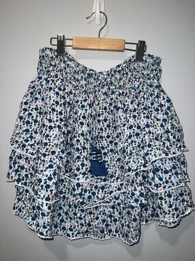 Poupette St. Barth White Floral Tiered Mini Skirt with Navy Tassel